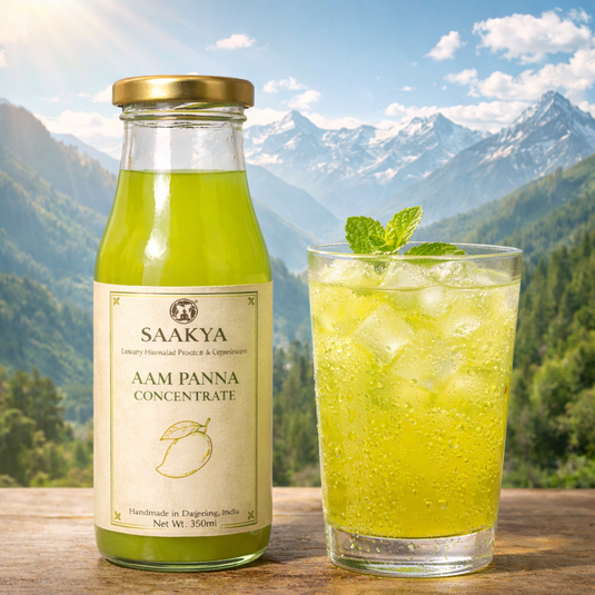 Luxury Aam Panna Concentrate (350ml, Makes 1.4ltr) | Premium Raw Mango Squash | Natural Kairi Sharbat | Summer Drink Concentrate | Mocktail & Cocktail Mixer | No Artificial Colours or Flavours | Sustainable Packaging | Saakya