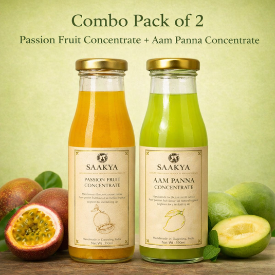 Luxury Passion Fruit + Aam Panna Concentrate Squash (350ml + 350ml, Makes 2.8ltr) | Premium Fruit Squash | Sharbat | Summer Drink Concentrate | Mocktail & Cocktail Mixer | No Artificial Colours or Flavours | Sustainable Packaging | Saakya