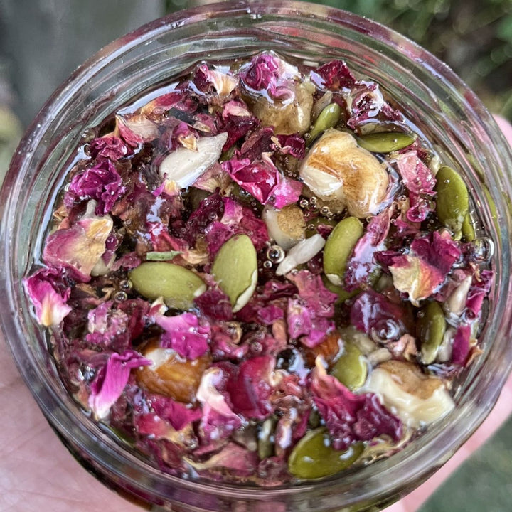 Honey Soaked Nuts with rose petals