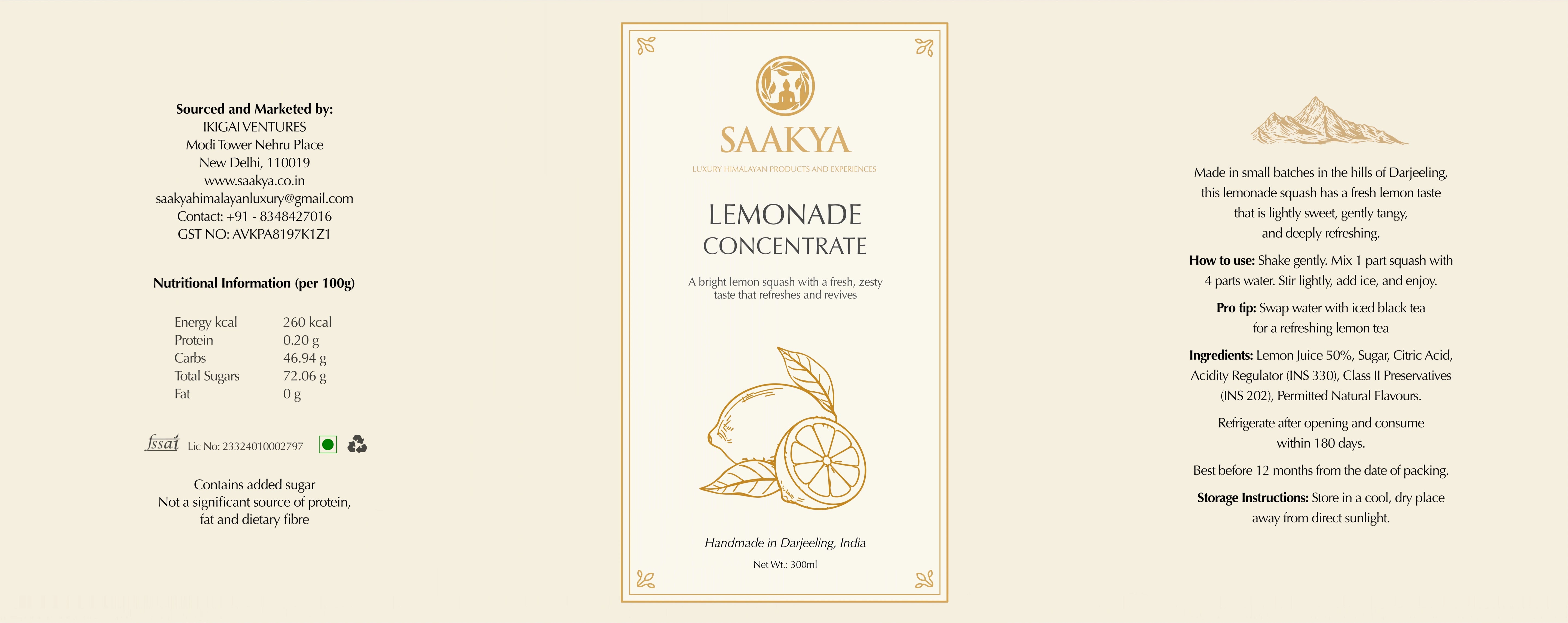 Luxury Lemonade Concentrate Squash (350ml, Makes 1.4L) | Small-Batch Citrus Elixir | Saakya