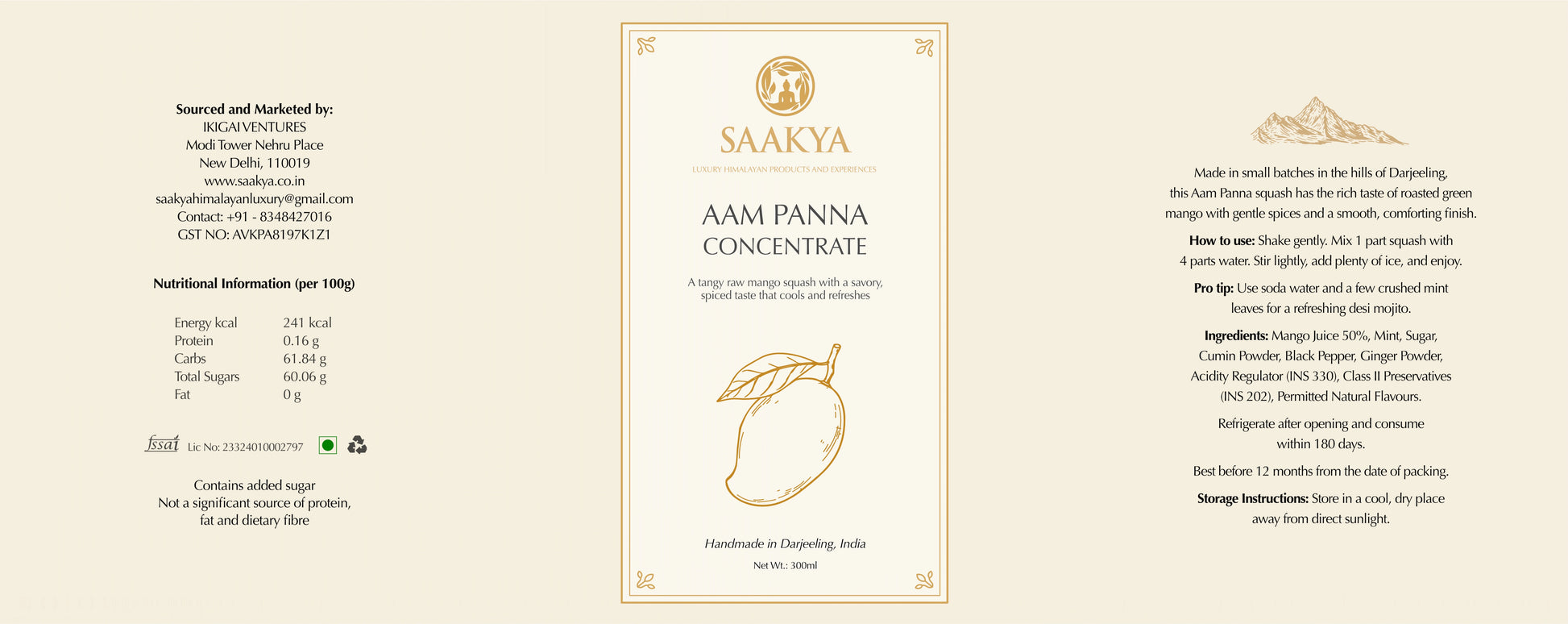 Saakya Aam Paan Concentrate label with mango illustration on a beige background