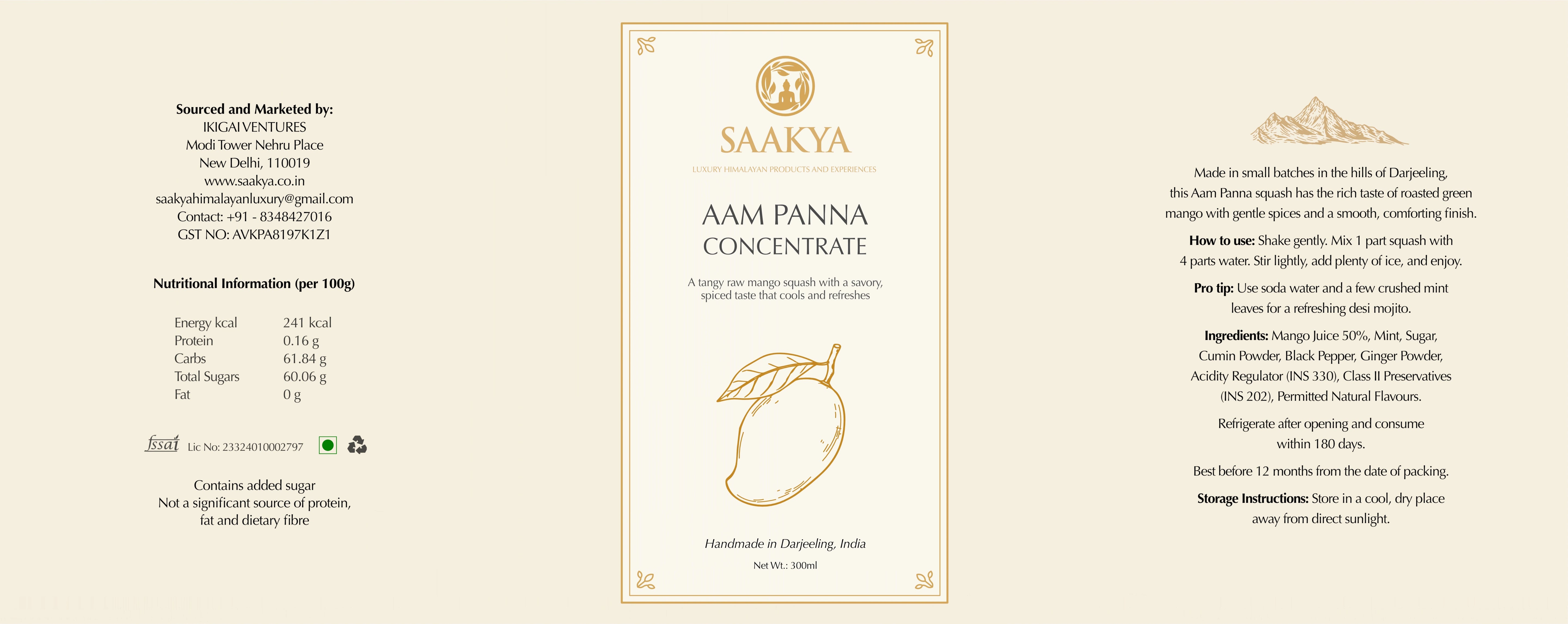 Saakya Aam Paan Concentrate label with mango illustration on a beige background