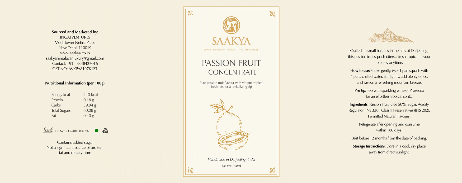 Saakya Passion Fruit Concentrate label with product details on a beige background