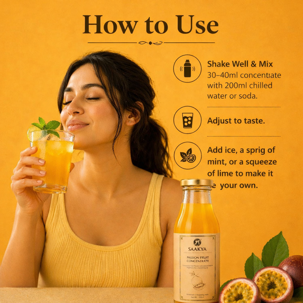 Luxury Passion Fruit Concentrate Squash (350ml, Makes 1.4ltr) | Premium Fruit Squash | Sharbat | Summer Drink Concentrate | Mocktail & Cocktail Mixer | No Artificial Colours or Flavours | Sustainable Packaging | Saakya