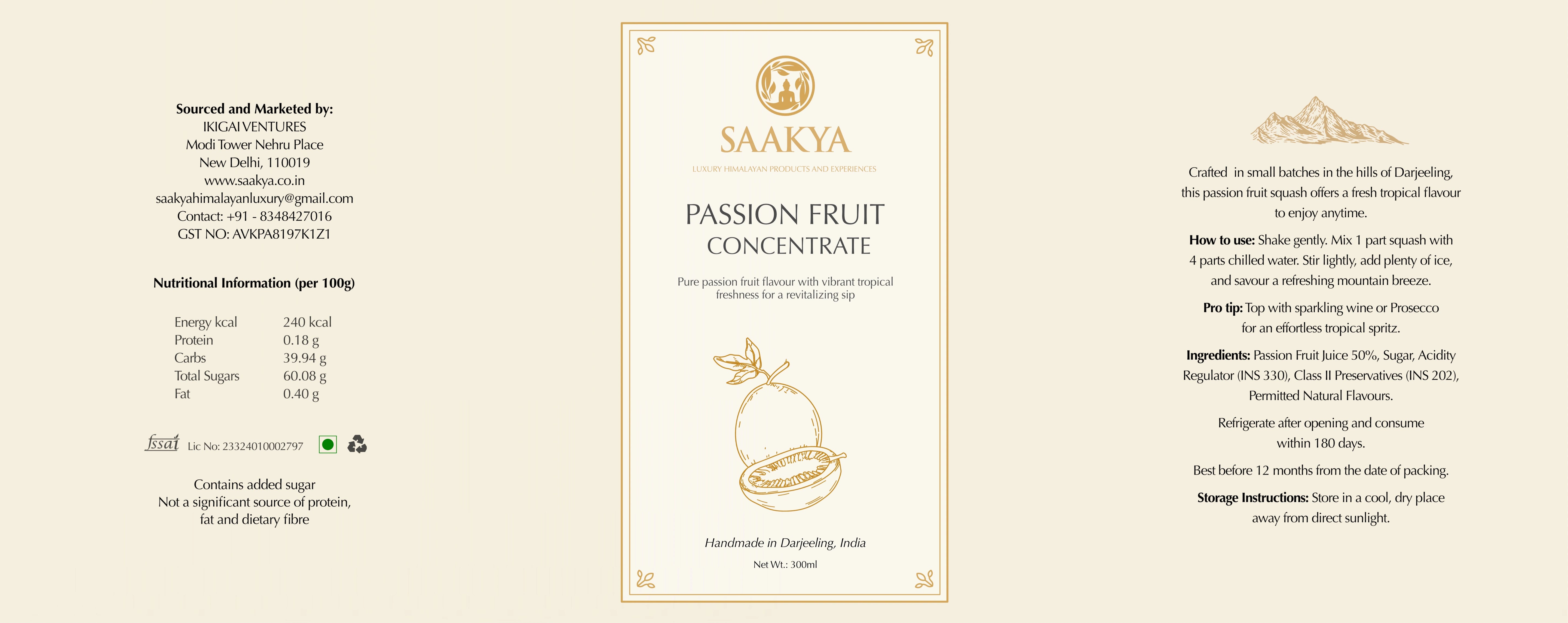 Luxury Passion Fruit Concentrate Squash (350ml, Makes 1.4ltr) | Premium Fruit Squash | Sharbat | Summer Drink Concentrate | Mocktail & Cocktail Mixer | No Artificial Colours or Flavours | Sustainable Packaging | Saakya