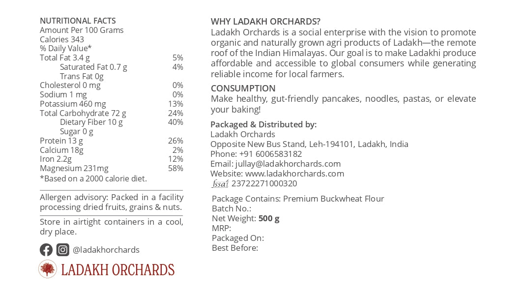 Premium Buckwheat Flour (Kuttu ka Atta) | Water-milled, Gluten-Free, Chemical-Free - 500g | Ladakh Orchards