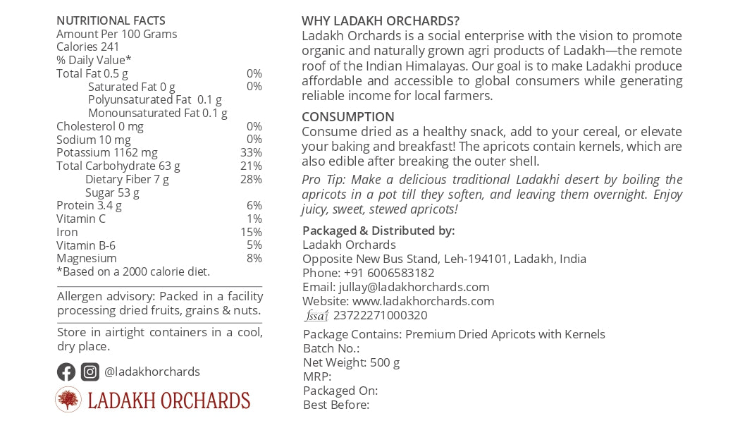 Premium Dried Apricots with Kernels - 500g | Ladakh Orchards