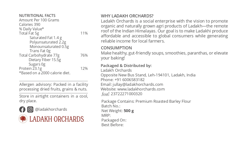 Premium Roasted Barley Flour | Water-milled & Chemical-Free - 500g | Ladakh Orchards