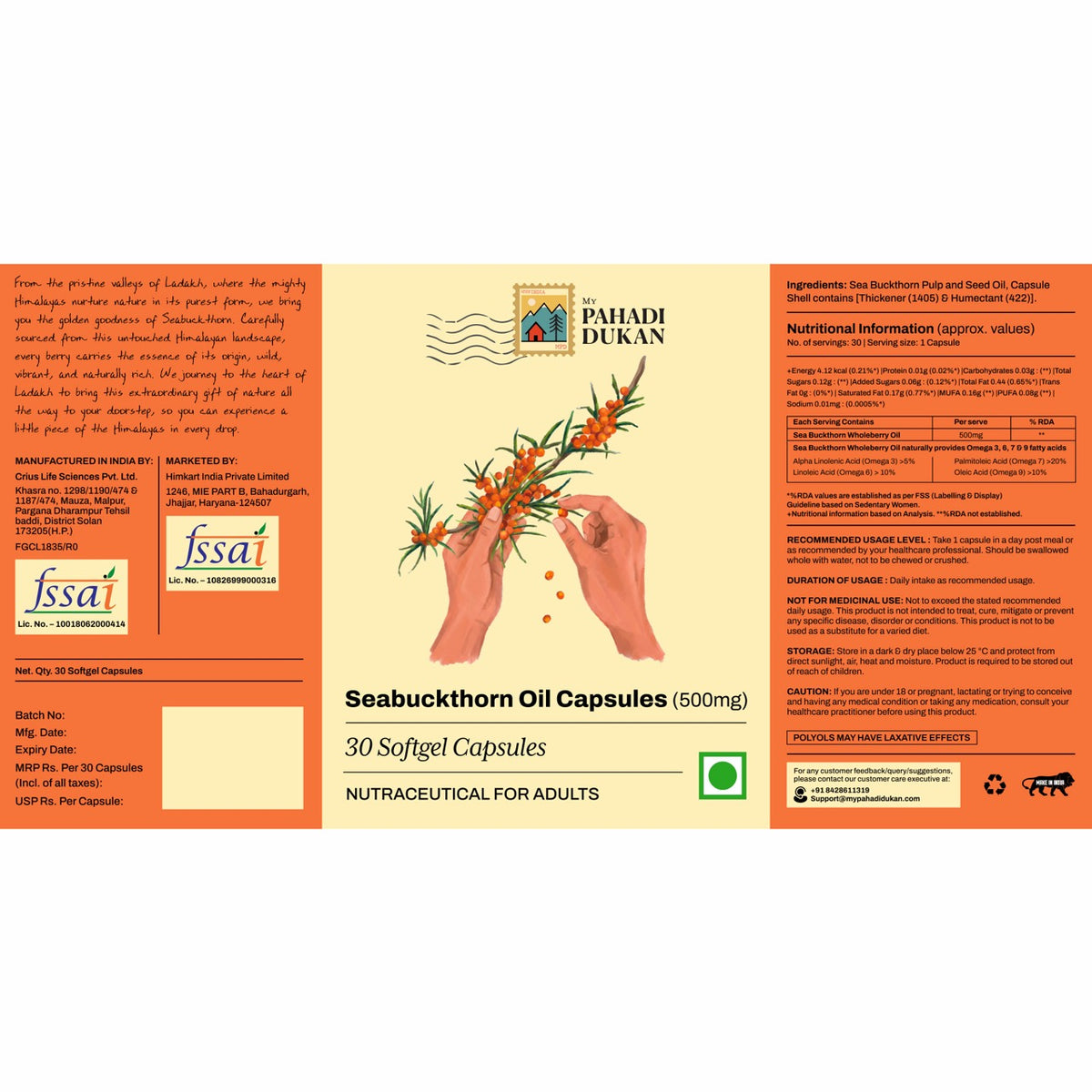 Seabuckthorn Oil Capsules (500mg Concentration) - 30 Capsules | My Pahadi Dukan