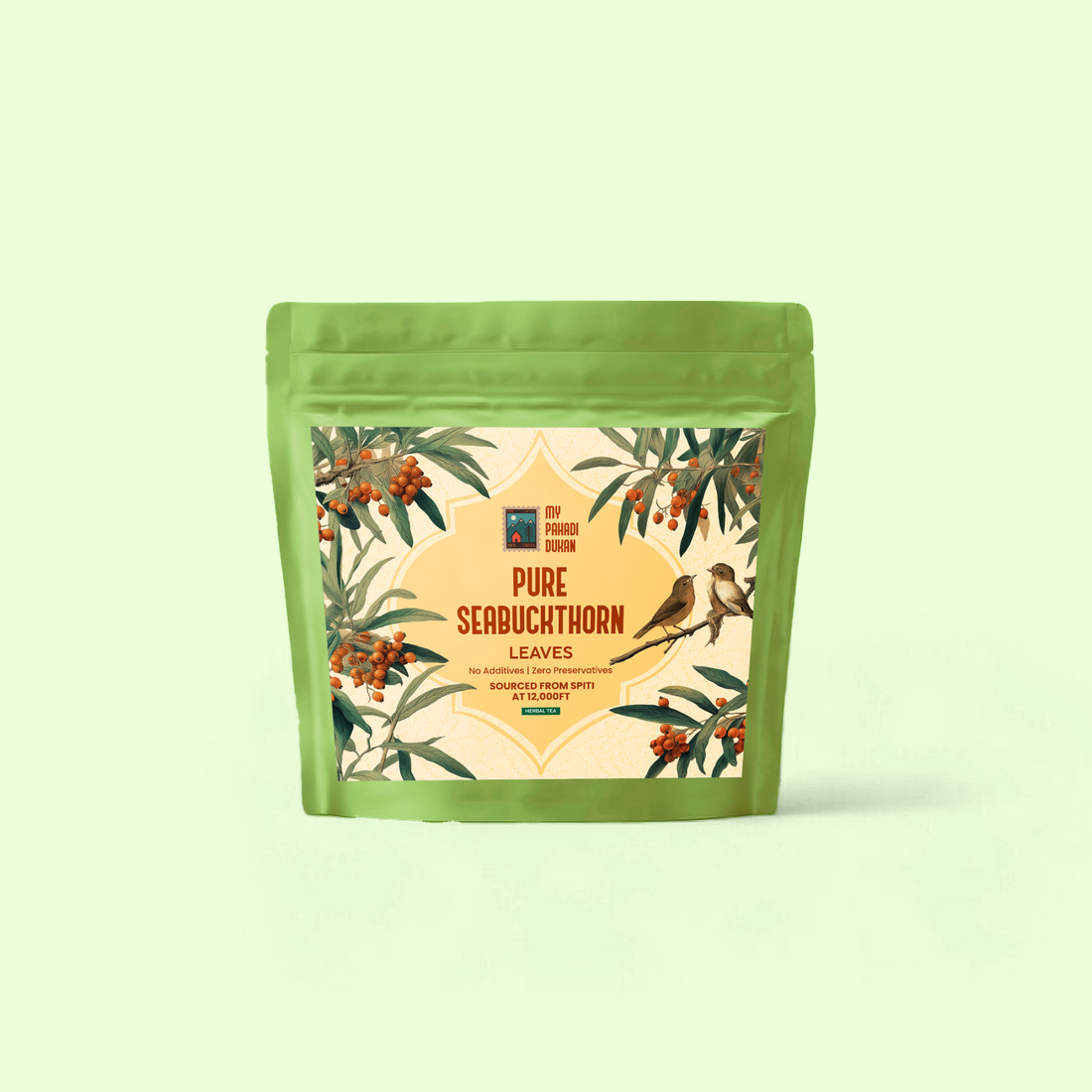 Green package of pure seabuckthorn leaves with a decorative label on a light green background