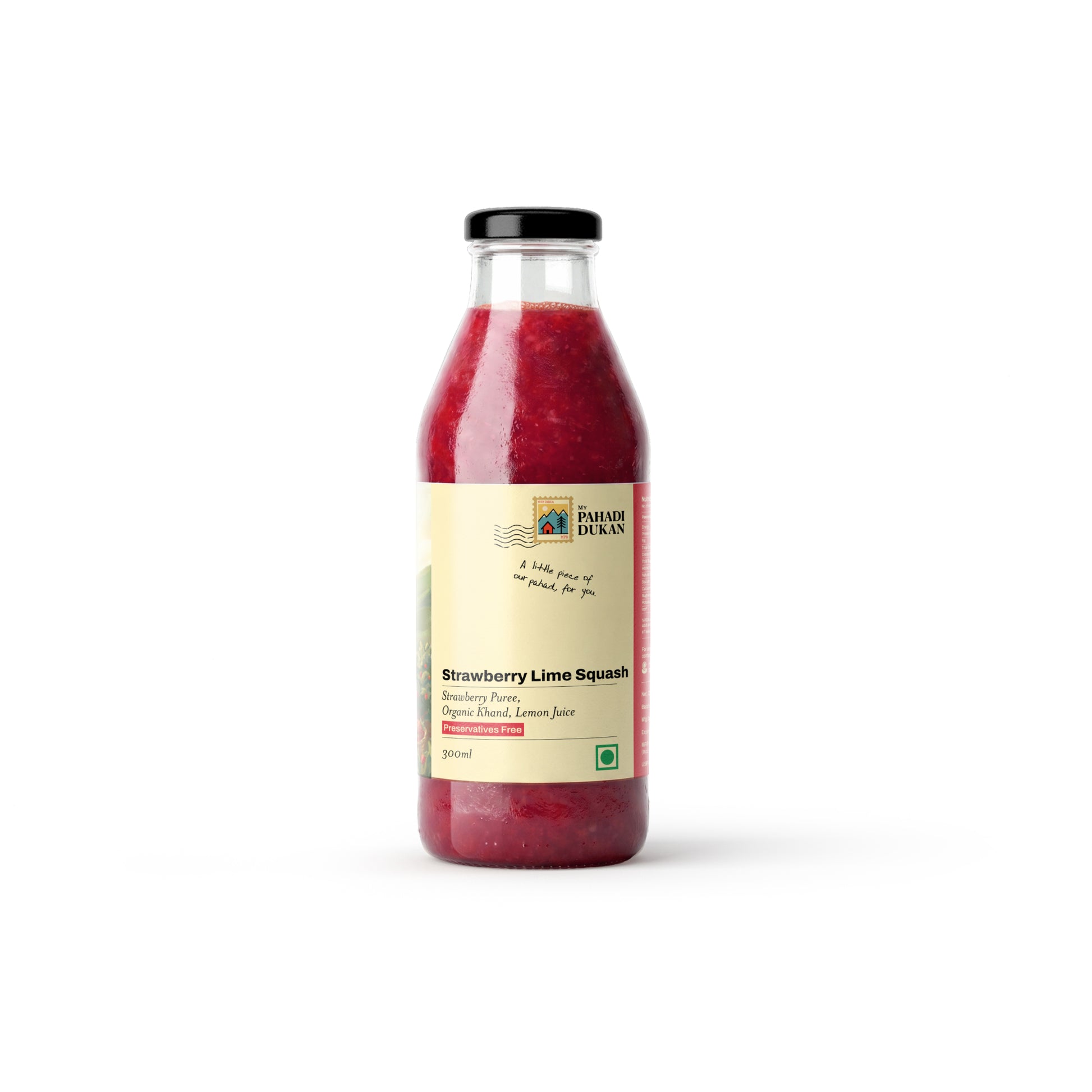 Bottle of strawberry lime squash juice on a white background