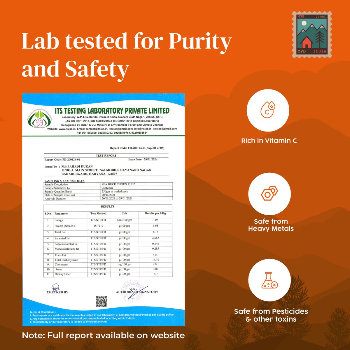 Sea Buckthorn Pulp juice lab test reviews (Rich in Vitamin C, Omega 3,6,7 and 9 and Antioxidants) Vegan Source Test report