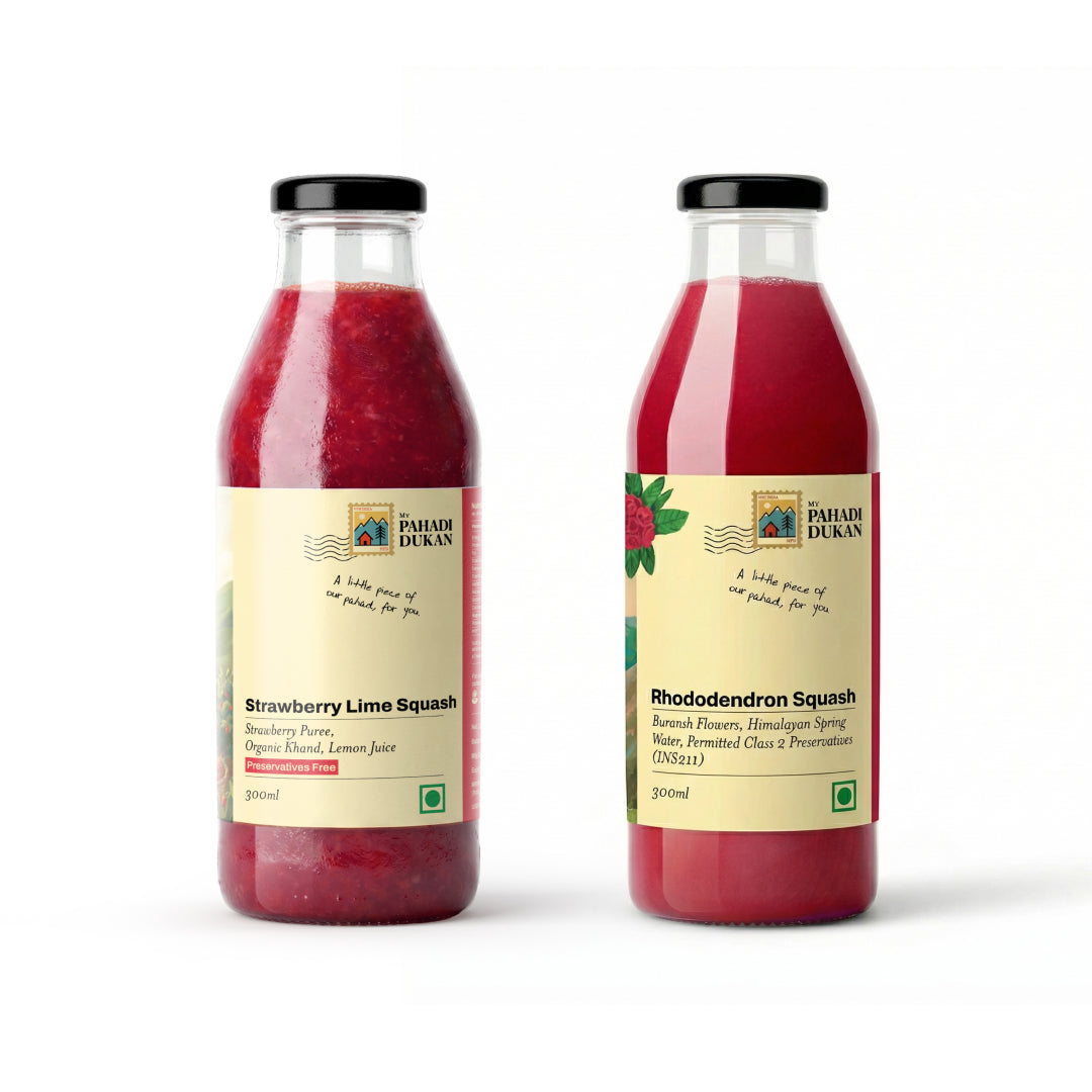 Combo Strawberry Lime Squash 300ml + Buransh Rhododendron Squash 300ml | My Pahadi Dukan